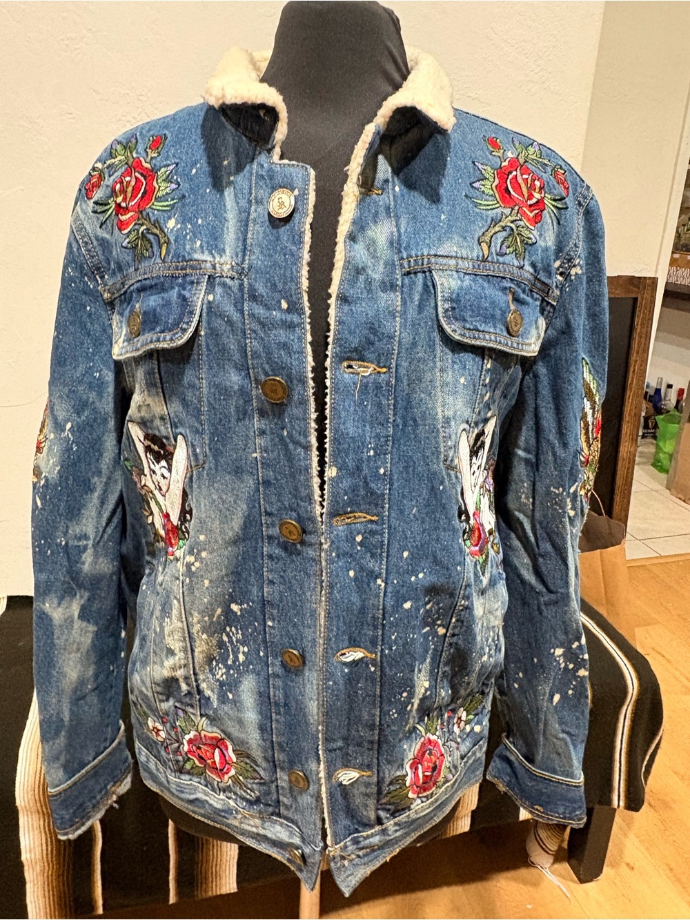 Reason Blue Denim Jacket with Red Rose Embroidery and Cream Sherpa Collar